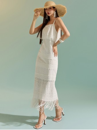 D4750 Lace Fringe Slim Sleeveless Long Dress Korea