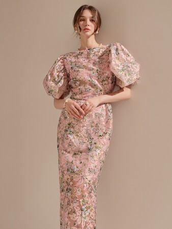 D9082  Floral Puff Slim Midi Dress*LARGE Size Available* Korea