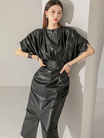 D9304 Leather Pintuck Shirring Pad Slit Long Dress (Reborn Rich Jin Hwa-Young) Korea