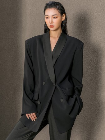 J9190 Glossy Shawl Collar Oversized Fit Double Jacket Korea