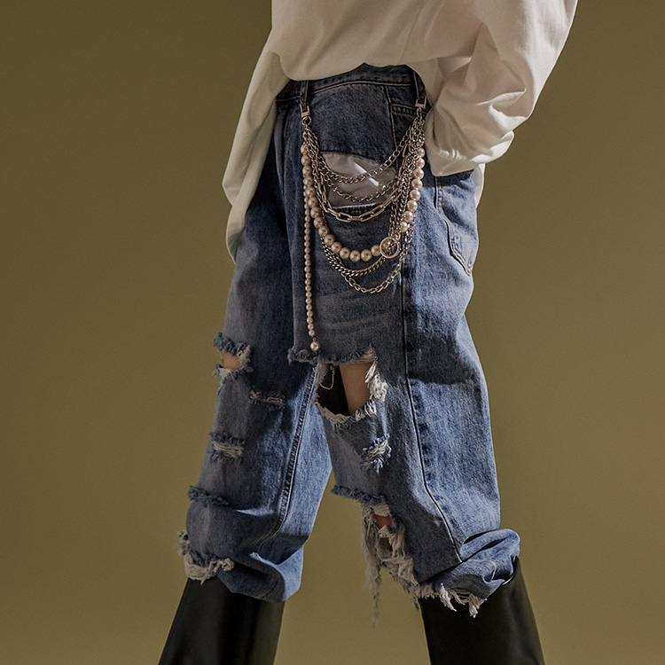 PJ466 Damage Wide Jeans(Pearl Chain SET)*L size production* Korea