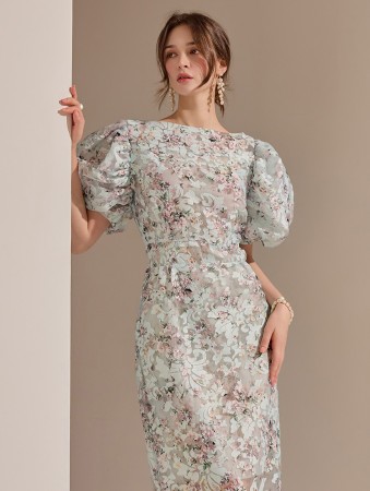 D9082 Floral Puff Slim Midi Dress*LARGE Size Available* Korea