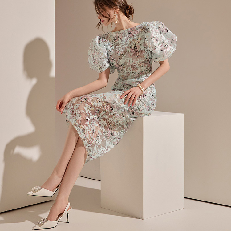D9082 Floral Puff Slim Midi Dress*LARGE Size Available* Korea