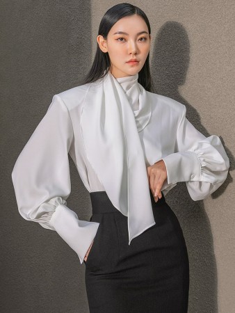 B9136 Vivid shirring neck scarf blouse Korea