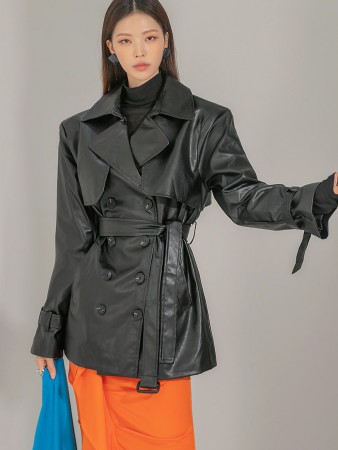 J1599 Belted Leather Trench Jacket Korea