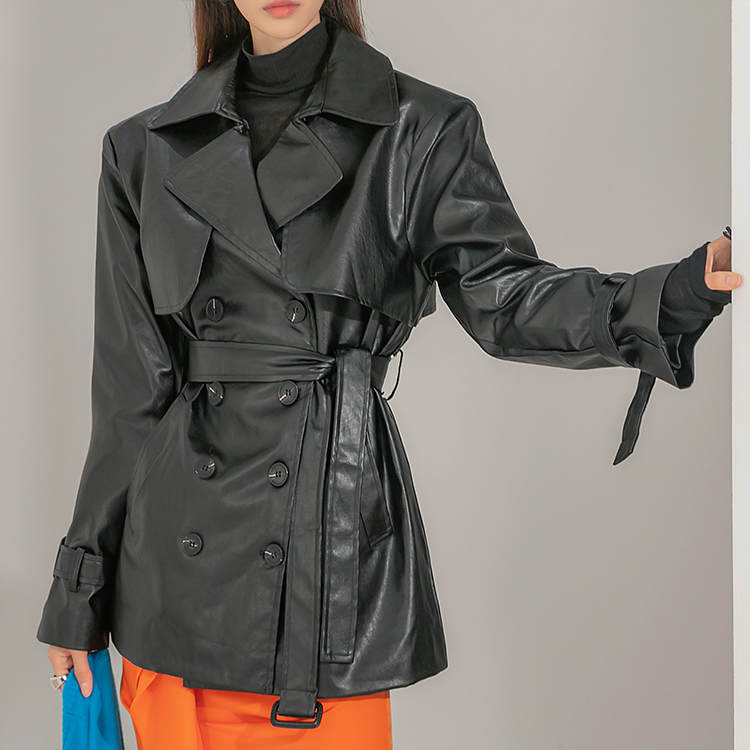 J1599 Belted Leather Trench Jacket Korea