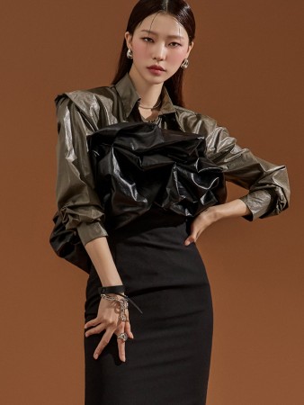 S563 Glossy Shirring Slim Shirt Korea