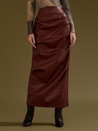 SK2532 Leather Pintuck Bendable Long Skirt Korea