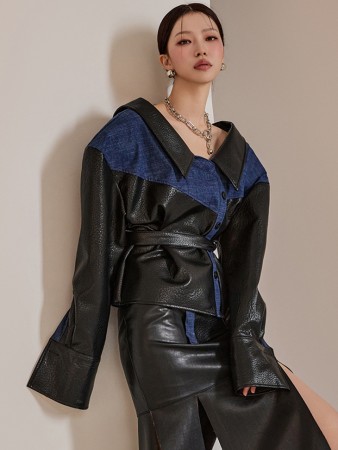 J1985 Leather Denim Color Scheme Jacket(Belt set) Korea