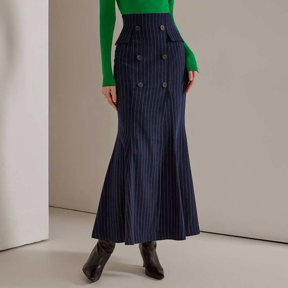 SK9171 Wool stripe Double Button Frill Long skirt Korea