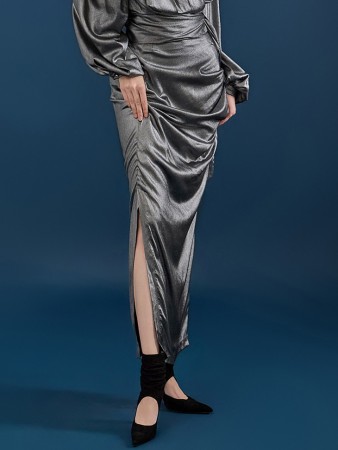 SK2571 Glossy Shirring Bendable Long Skirt Korea