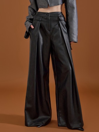 P2972 Leather Pintuck Wide Bendable Pants Korea