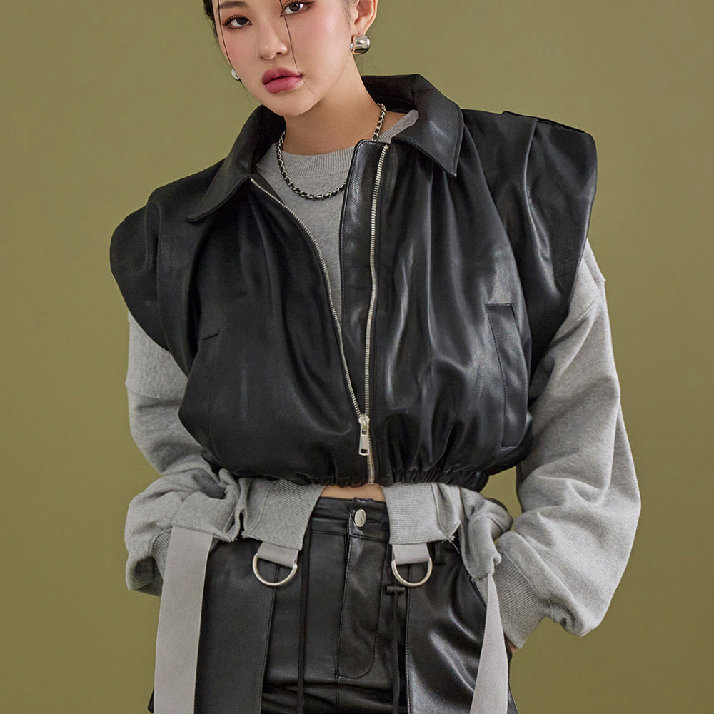 J2017 Leather Shirring Crop Vest Korea