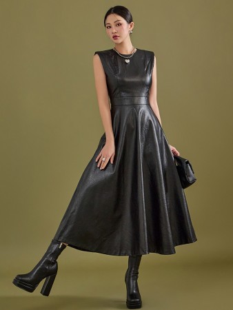 D4800 Leather Flare Long Dress Korea