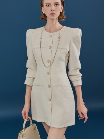 D4801 Tweed Pearl Button Mini Dress Korea