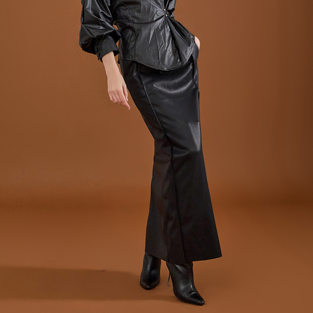SK2575 Leather Pintuck Bendable Long Skirt Korea