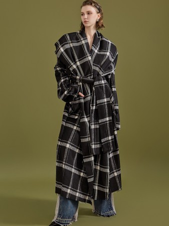 J9141 Wool Tartan Check Wide Shawl Pad Long Coat(Belt set) Korea