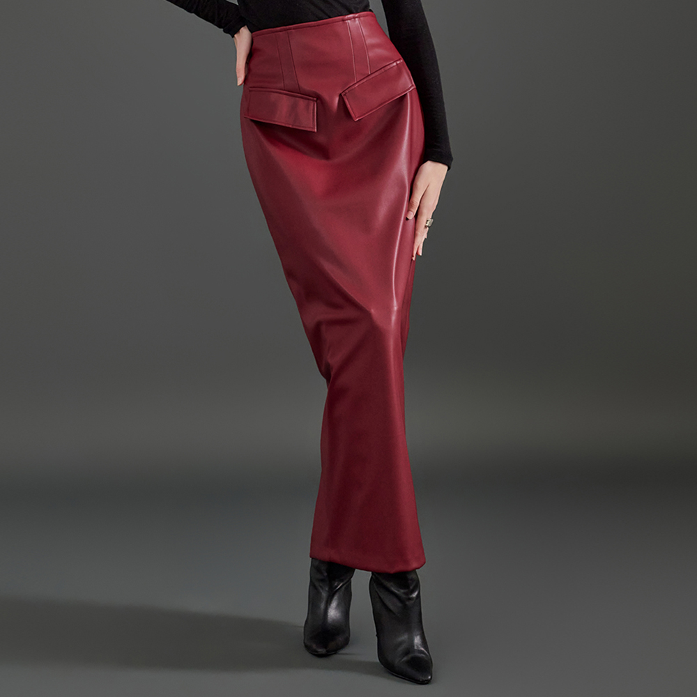 SK2574 Leather Flap Pocket Bendable Long Skirt Korea