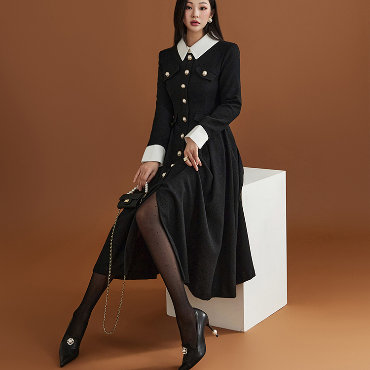 D4810 Tweed Collar Flare Midi Dress Korea