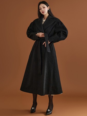 J2057 Wool Puff Sleeve A-Line Long Coat(Belt Set) Korea