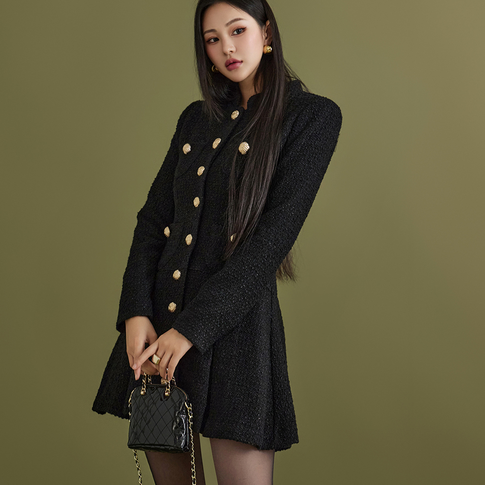 D4814 Wool Tweed Gold-Button Mini Dress Korea