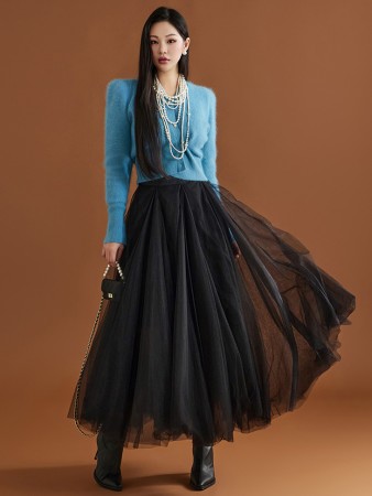 SK2583 Tulle Flare Long Skirt Korea