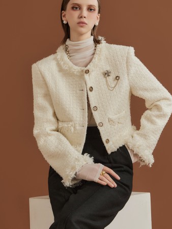 J2056 Wool Tweed Fringe Single Jacket Korea