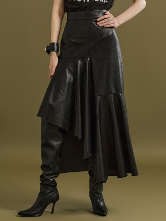 SK9211 Leather Unbalance Frill Midi Skirt Korea