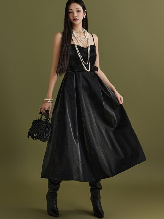 D4815 Glossy Leather Midi Dress(Belt Set)*L size Production* Korea