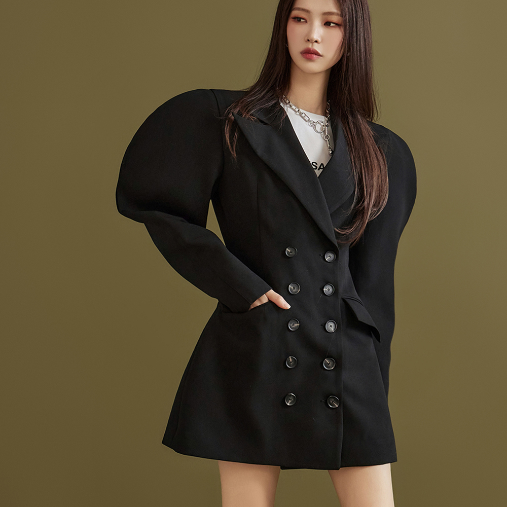 D9459 Puff Sleeve Double Button Jacket Mini Dress Korea