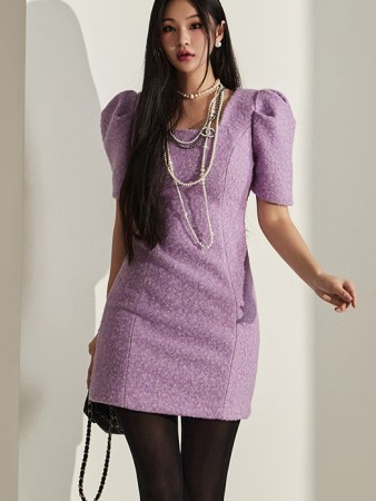 D4830 Square Neck Puff Sleeve Mini Dress Korea