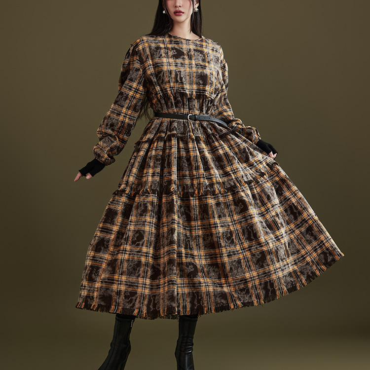 D4831 Velvet Glen Check Frill Midi Dress Korea