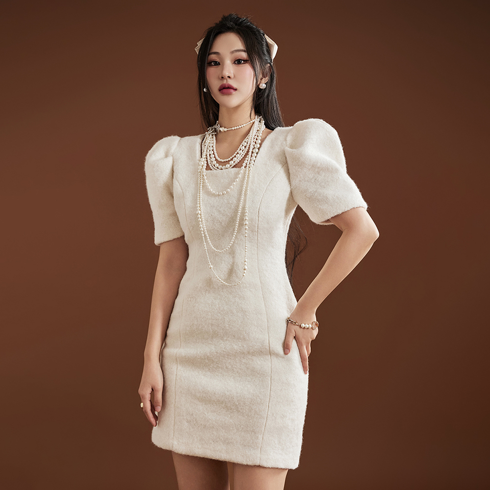 D4830 Square Neck Puff Sleeve Mini Dress Korea
