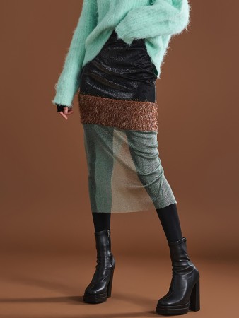 SK9172 Crack Leather Color scheme See-through Midi Skirt Korea