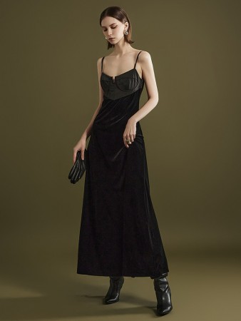 D4825 Velvet Tube Top Sleeveless Long Dress Korea