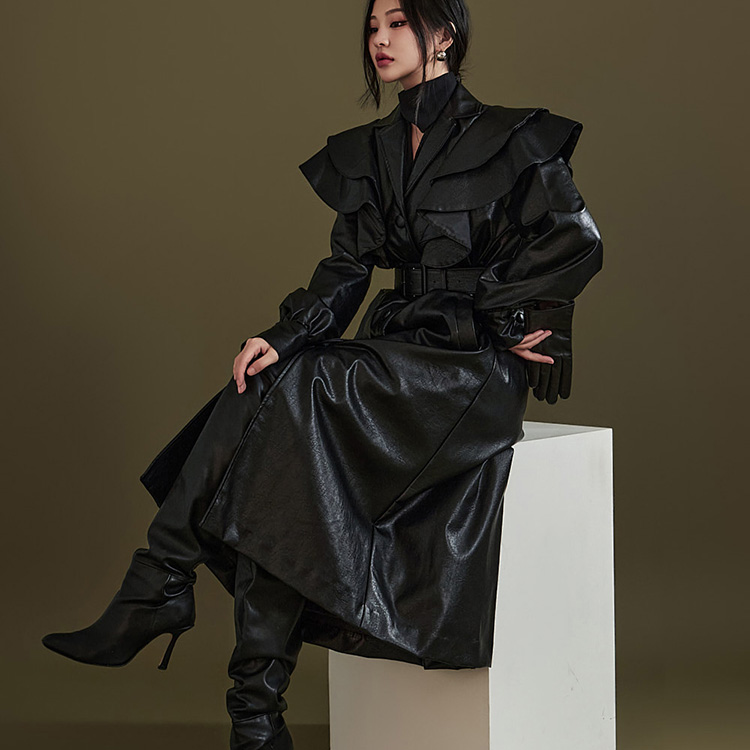 J2081 Leather Frill Long Coat(Belt Set) Korea