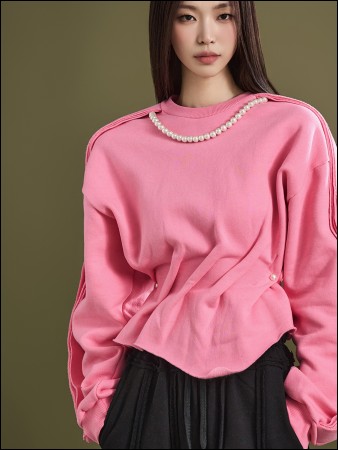 E3193 Pintuck Shirring Pearl Fleece-lined Sweatshirt(Pearl Set) Korea