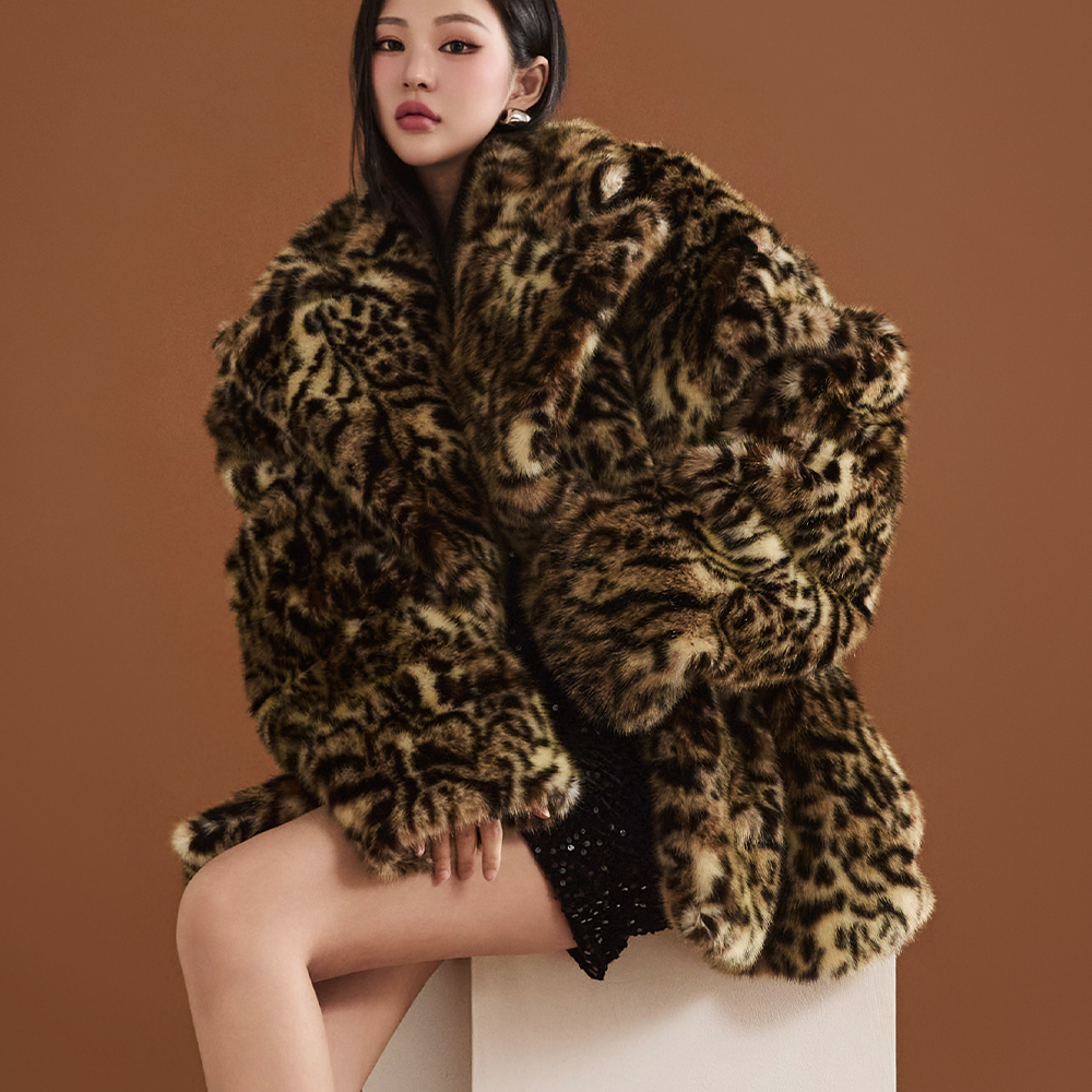 J9271 Big-collar Leopard Pattern Fur Half Coat Korea