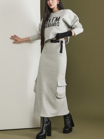 SK2618 Buckle Cargo Fleece-lined Long Skirt Korea