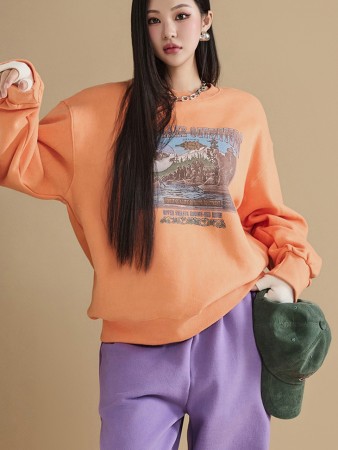 E3197 Printing Oversized Fit Fleece-lined Sweatshirt Korea