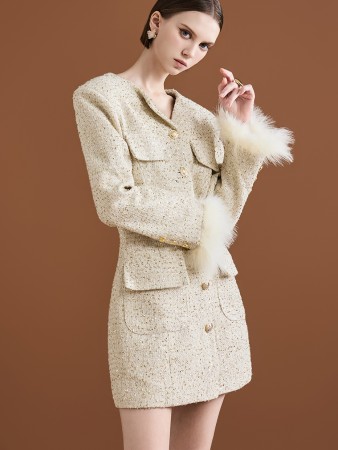 D4852 Tweed Fur Back Ribbon Mini Dress Korea