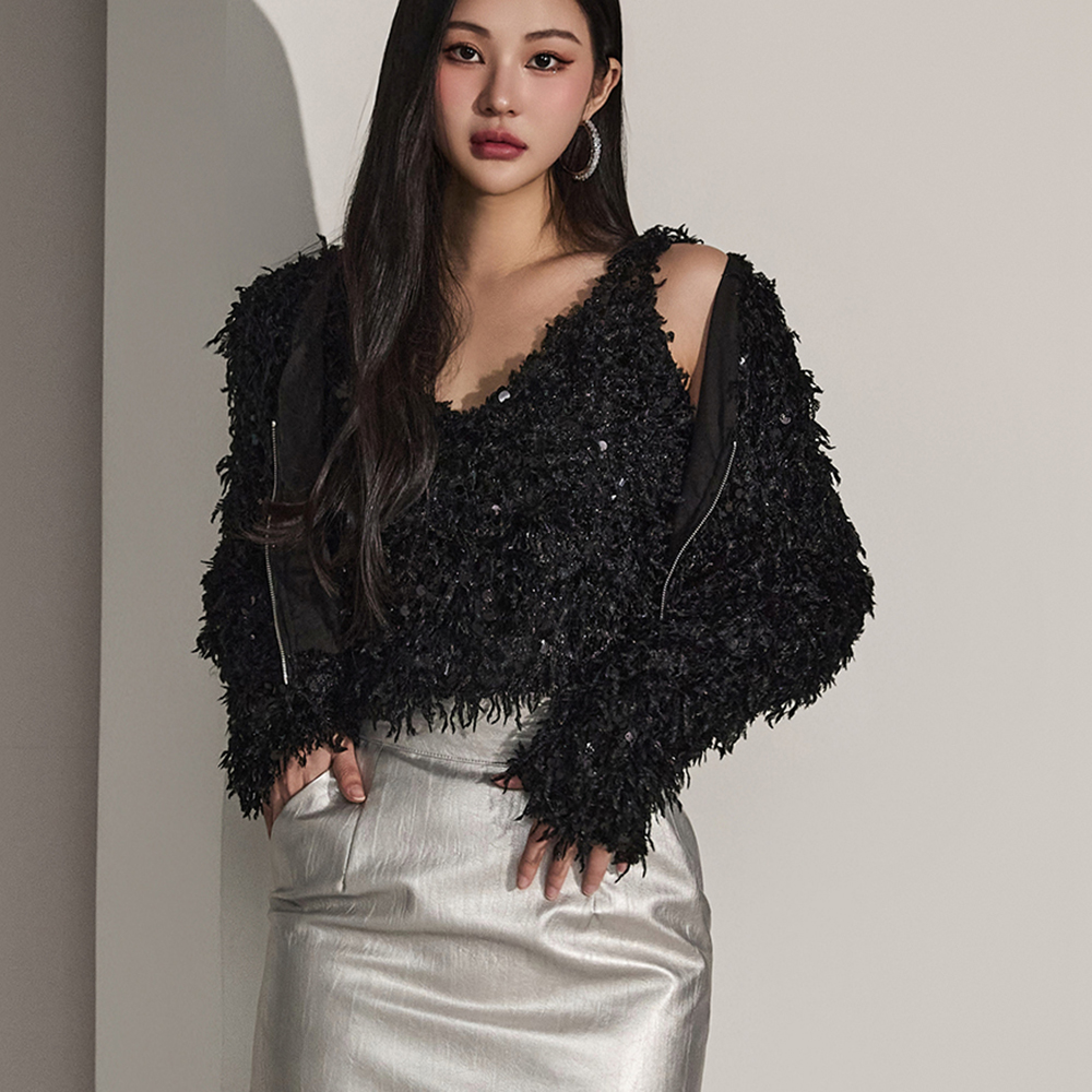 J2117 Spangle Fur Crop Cardigan Korea