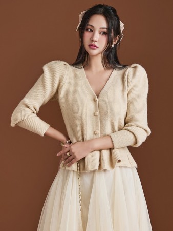 J2119 Wool Rose Button Puff Sleeve Cardigan Korea