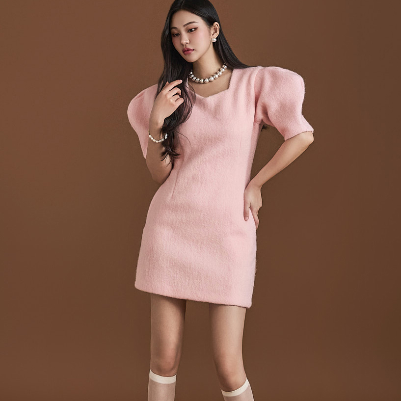 D4858 Wool Puff Sleeve Mini Dress Korea