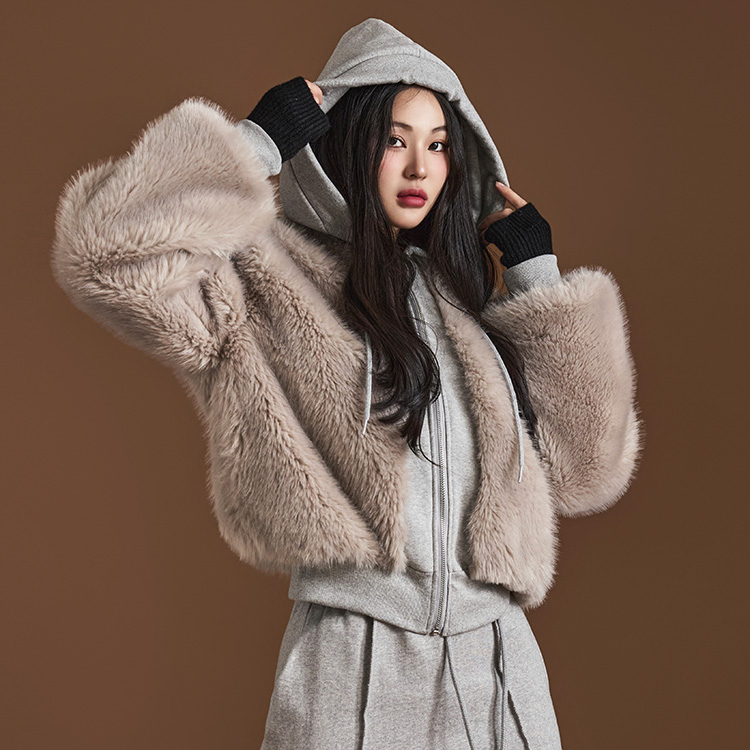 J2122 Fur Color Scheme Fleece-lined Zip Up Jumper(Hooded Set) Korea