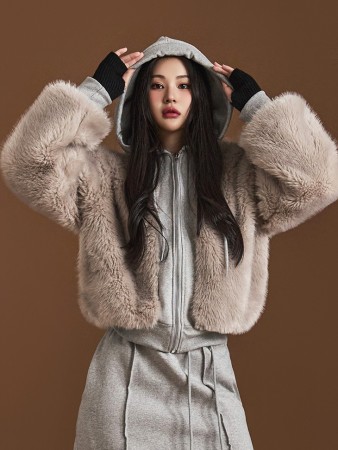 J2122 Fur Color Scheme Fleece-lined Zip Up Jumper(Hooded Set) Korea