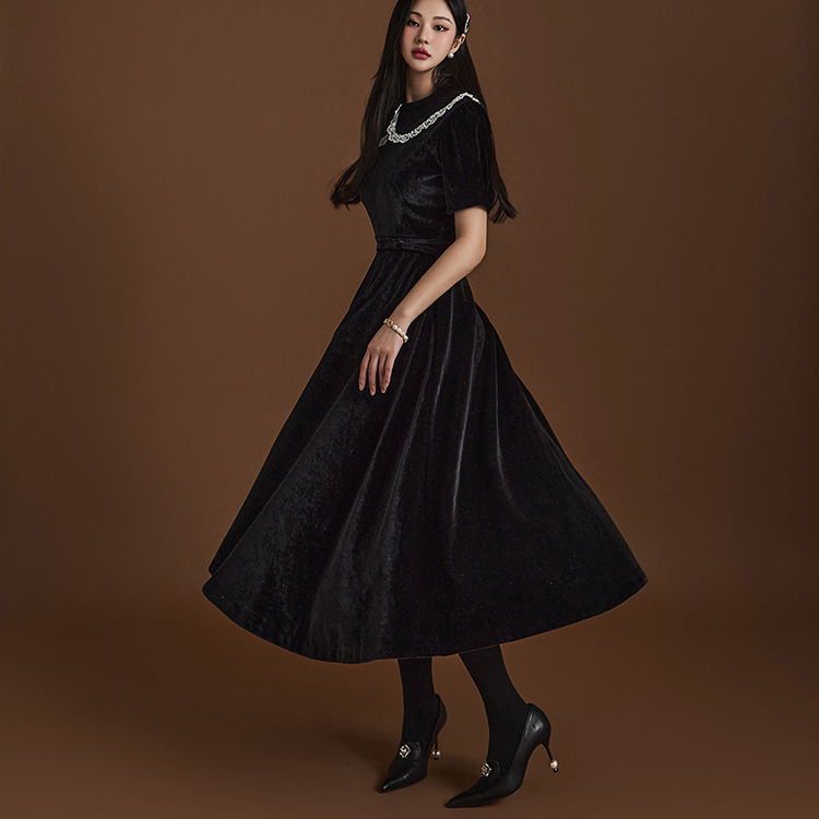 D4856 Velvet Lace Collar Midi Dress(Belt Set) Korea