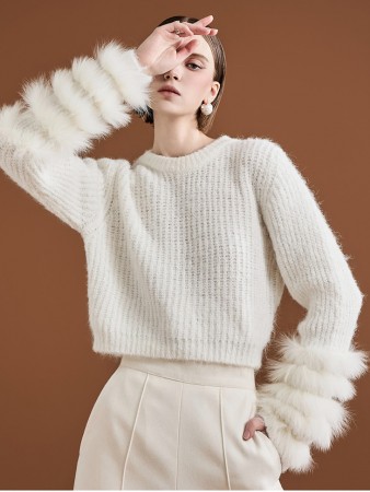 E3231 Wool Fur Sleeve Crop Knit Korea