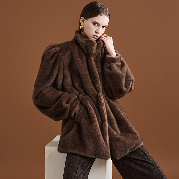 J2116 Fur Shirring Half-high Neck Puff Sleeve Coat Korea