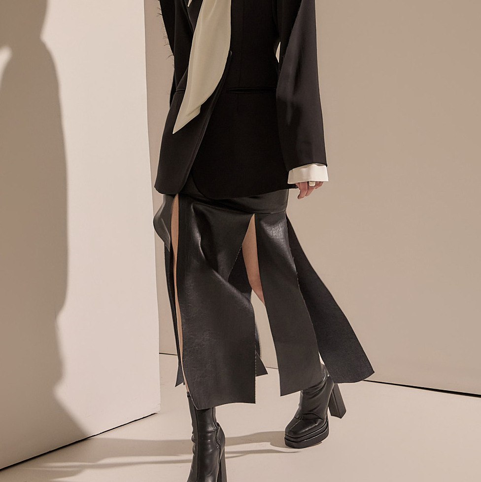 SK9185 Leather High Waist Slit Long Skirt Korea